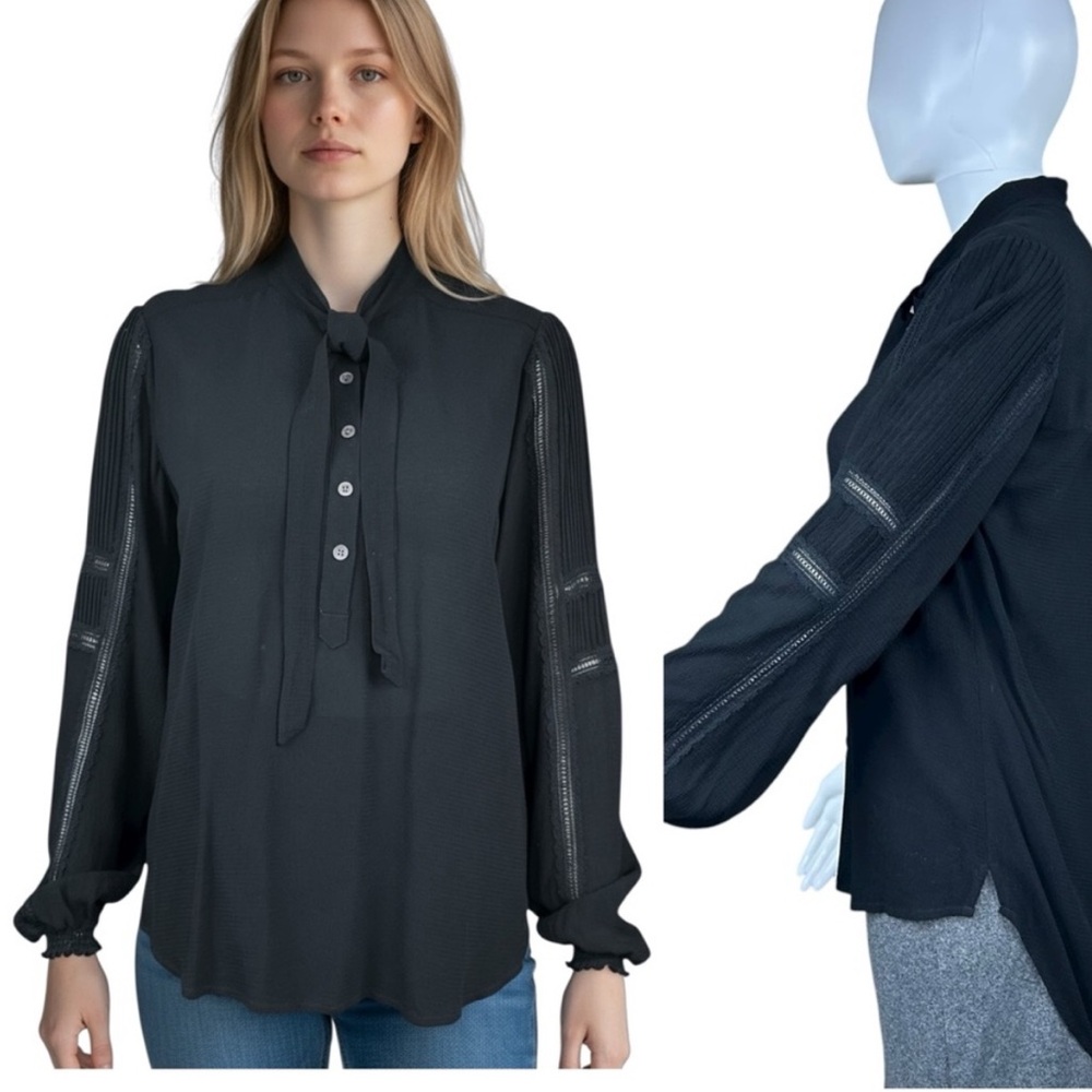Veronica Beard Eva Tie Neck Lace Accent Blouse in Black Size 4 - Picture 2 of 13